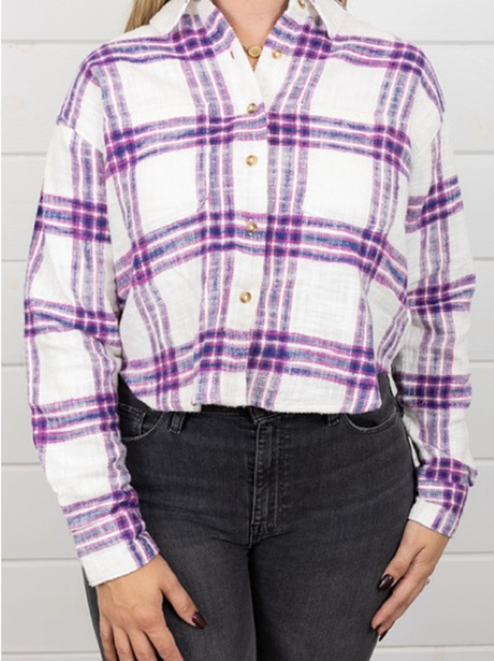 Z Supply White & Purple Cropped Plaid Button-Up